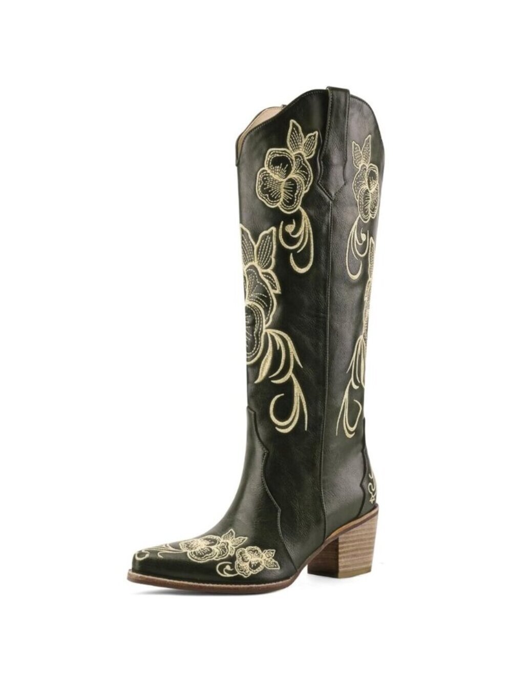 Women's Green Knee High Cowgirl Western Boots Pointed Toe Chunky Block Heel